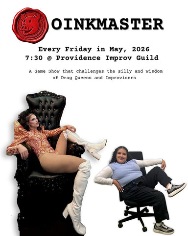 Promotional poster for 'Oinkmaster' event featuring two people in a game show setting.